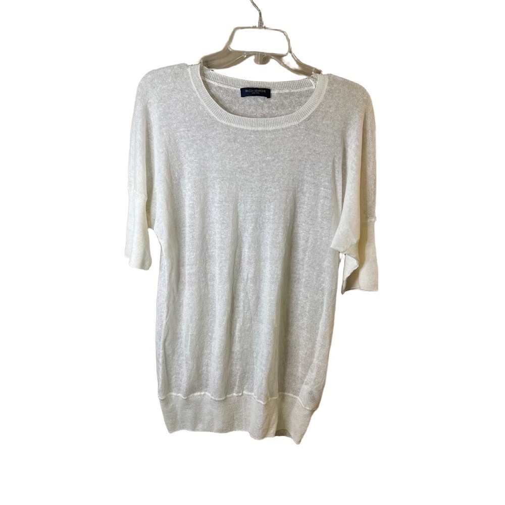 Piazza Sempione  White Crew Neck Short Sleeve Italian Linen Sweater IT 48 US 2XL